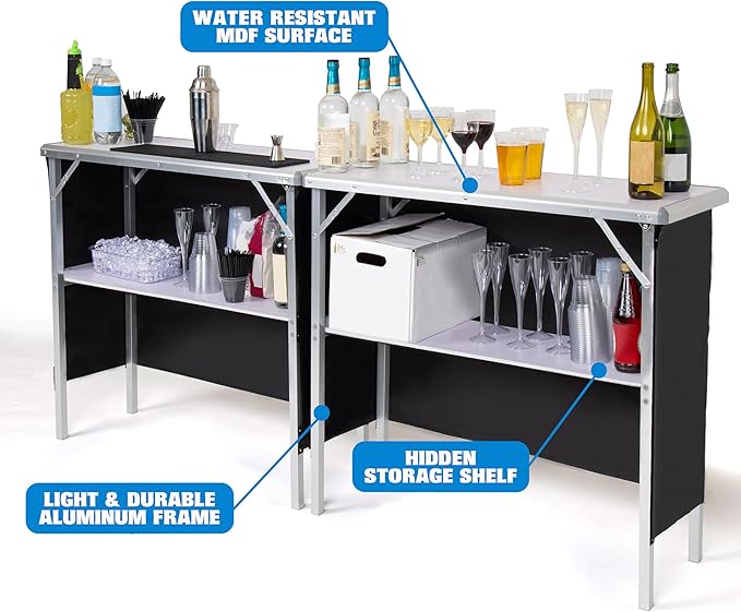 GoBar Portable Double Bar Table Set - Mobile Bartender Station for Events - Includes Carrying Case - Standard or LED