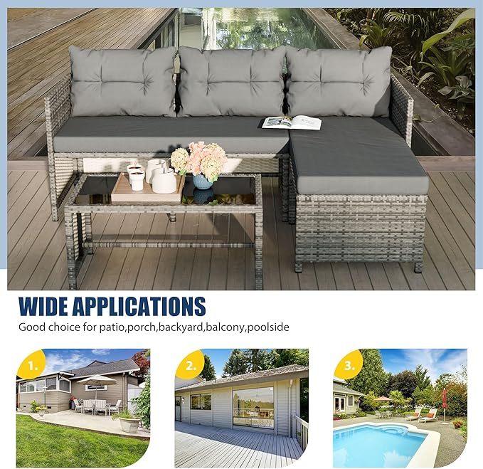Vongrasig 3 Pieces Patio Furniture Sets, All-Weather Wicker Outdoor Sofa Couch Sectional Set, Small Conversation Set for Patio, Garden w/Cushion, Glass Table, (Grey)