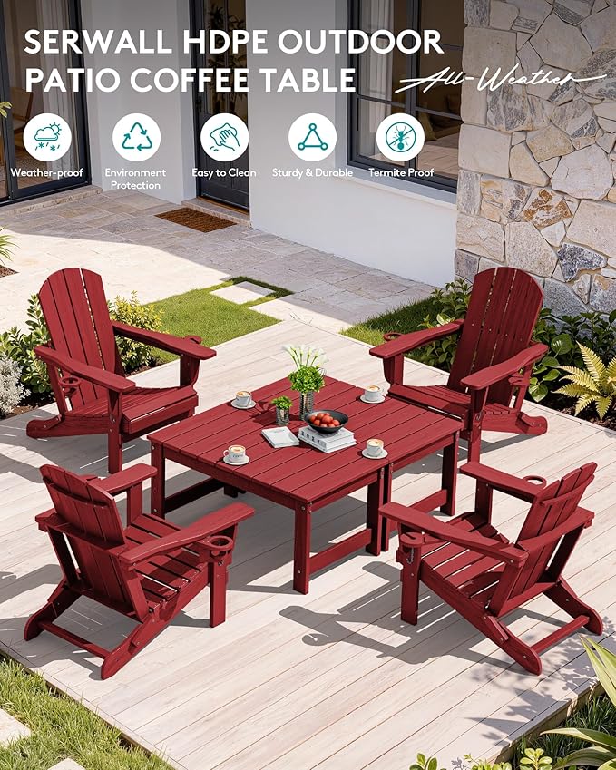SERWALL Outdoor Coffee Table with 1.69" Umbrella Hole, HDPE Patio Coffee Table for Outside, Rectangle, Red
