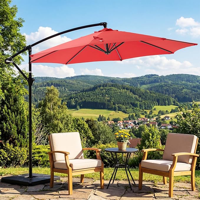 OLIXIS 9.7FT Offset Patio Umbrella with Base, Cantilever Table Umbrellas for Outdoor Sun Shade UV Protection with Easy Tilt Adjustment, 8 Ribs for Backyard, Lawn, Garden, Pool - Red