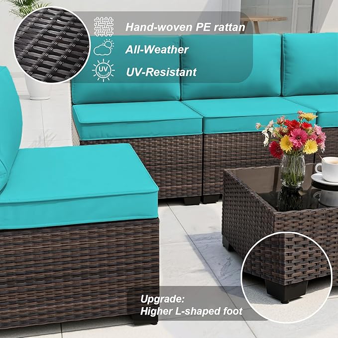 ALAULM Patio Furniture Set with Fire Pit Table 55000 BTU, Outdoor Sectional with Wide Seat and Thick Cushion, 15 Piece Wicker Rattan Conversation Set with Coffee Table for Garden, Deck, Turquoise