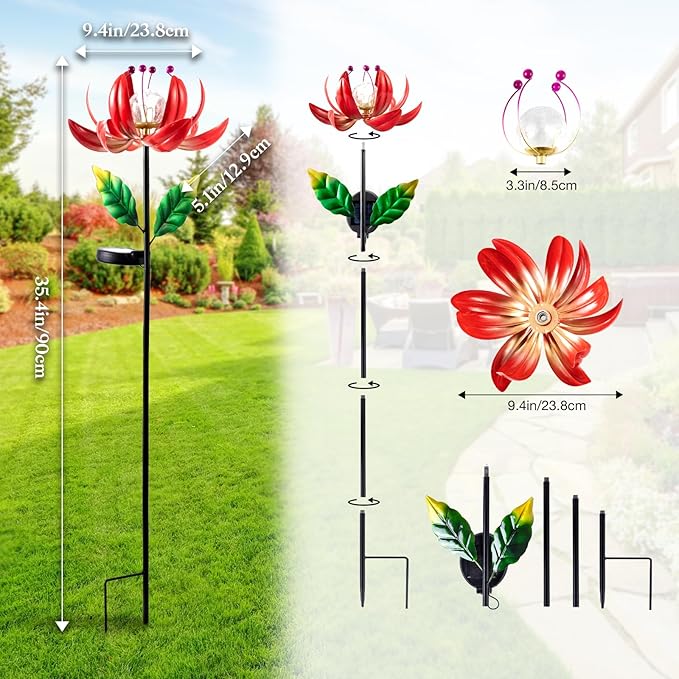 Solar Lights Outdoor Wind Spinners, Metal Lotus Flower Garden Decor with Waterproof LED Crackle Glass Globe for Patio Lawn Yard Outdoor Decor