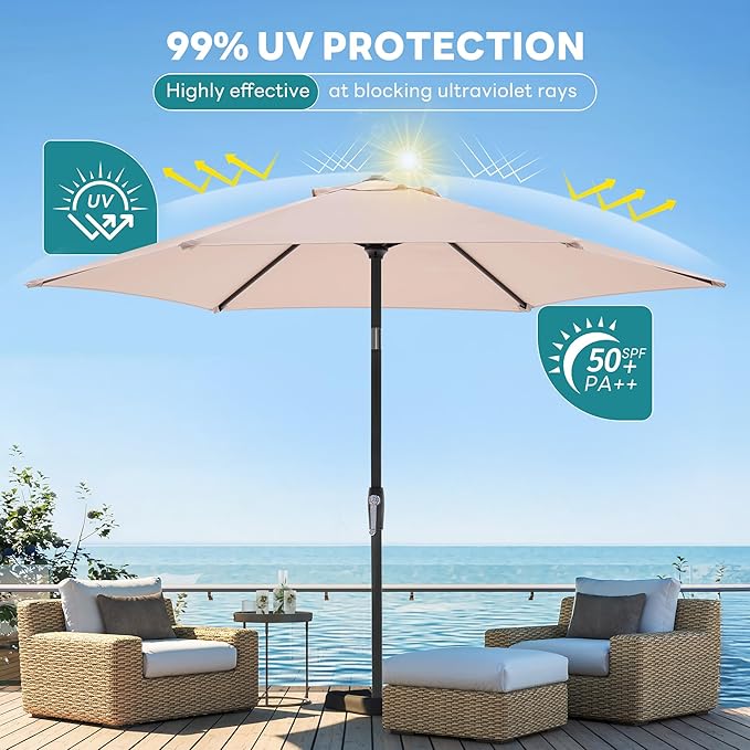 OLIXIS 7.5ft Patio Umbrella with Tilt and Crank Button & 8 Sturdy Ribs Waterproof, Patio Table Umbrella Perfect for Poolside, Terrace, Beach and Outdoor Restaurant, Beige