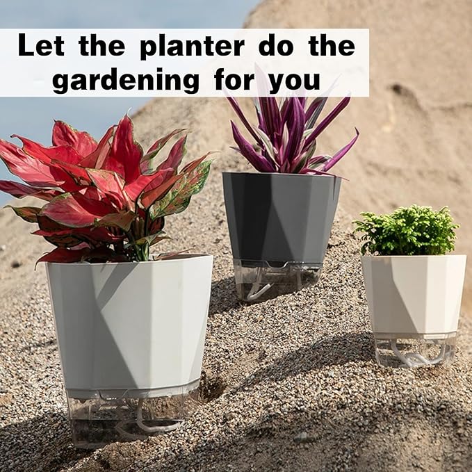 3 Packs Self Watering Plant Pots, Plastic Flower Pots with Drainage Hole and Saucer, Self Watering Planters for Indoor Outdoor Garden Plants, African Violet, Herbs (White, 6.7")