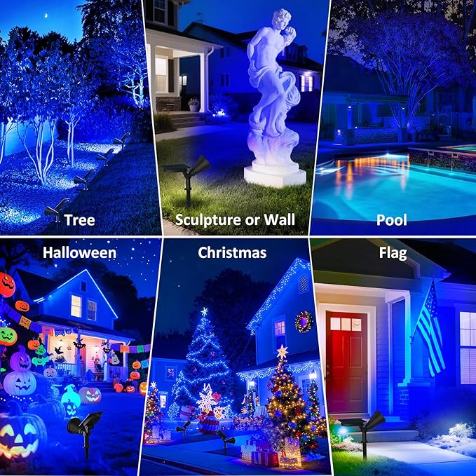 T-SUNUS Christmas Solar Landscape Spotlights Outdoor IP65 Waterproof Blue Spot Lights Outside Auto On/Off Yard Lighting 2 Modes for Tree Driveway Garden Flag Pond Pool Statue Backyard Halloween 4 Pack