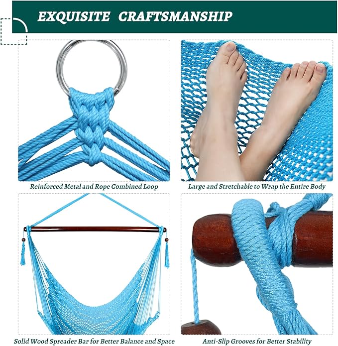 Caribbean Hammock Swing Chair with Spreader Bar, Large Hammock Chair, Hand Craft Rope Hanging Chair Outdoor, Indoor, Bedroom, 330 LBS Weight Capacity, Blue