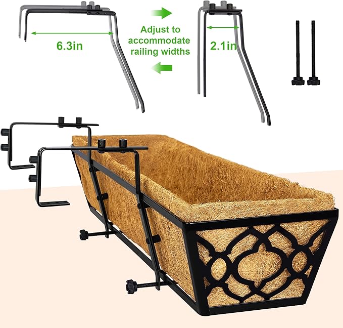 Y&M 30 inch Window Planter Box 4Pcs Iron Window Deck Railing Planter with Coco Liner, Metal Horse Troughs Fence Planter for Outdoor Balcony Rail Fence Porch Patio