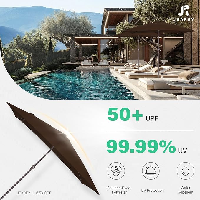 JEAREY 6.5x10 ft Rectangular Patio Umbrellas Rectangle Outdoor Umbrella with Push Button Tilt and Crank, Market Table Umbrella 6 Sturdy Ribs UV Protection for Poolside Garden Backyard Deck, Brown