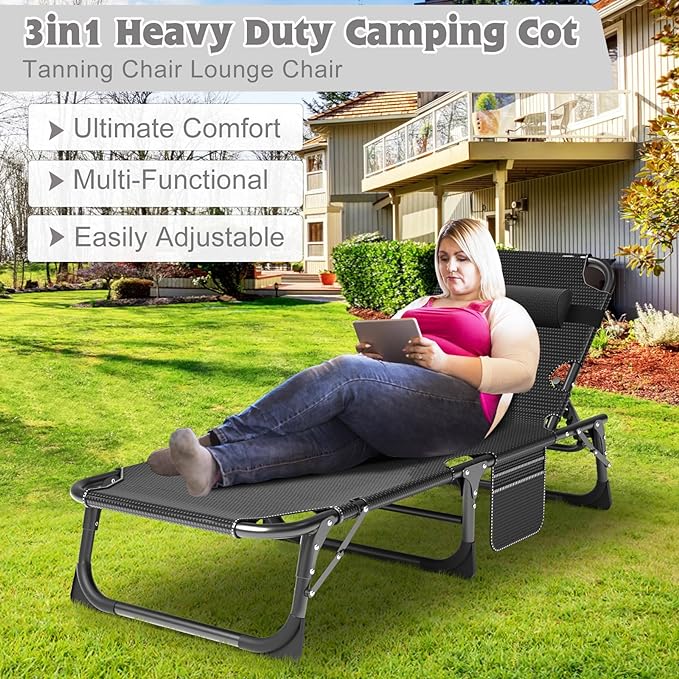 ABORON 2PK Heavy Duty Tanning Chair, 5-Gear Outdoor Folding Chaise Lounge Chair with Cushion, Portable Beach Lounge Chair for Outdoor Sunbathing, Patio, Pool, Lawn, Deck, Poolside