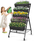 SEJOV 5-Tier Raised Garden Bed, 4FT Vertical Garden Planter with Storage Rack and Lockable Caster Wheels, Indoor Outdoor Raised Planter Box with Drainage System for Vegetables, Flowers, Herbs, Black