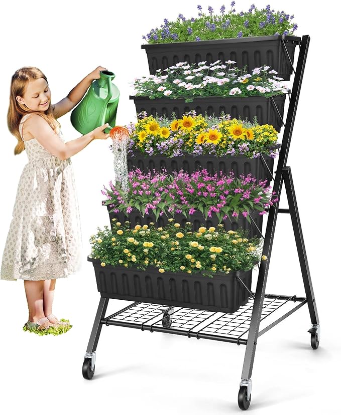 SEJOV 5-Tier Raised Garden Bed, 4FT Vertical Garden Planter with Storage Rack and Lockable Caster Wheels, Indoor Outdoor Raised Planter Box with Drainage System for Vegetables, Flowers, Herbs, Black