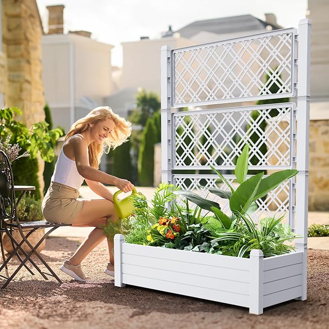 Raised Garden Bed with Trellis for Climbing Plants, 43.43" L x 18.27" W x 59.29" H Planter Box with Self Watering Drainage Holes for Outdoor Backyard Patio Balcony, Anti-Rust Resin (Ashen)