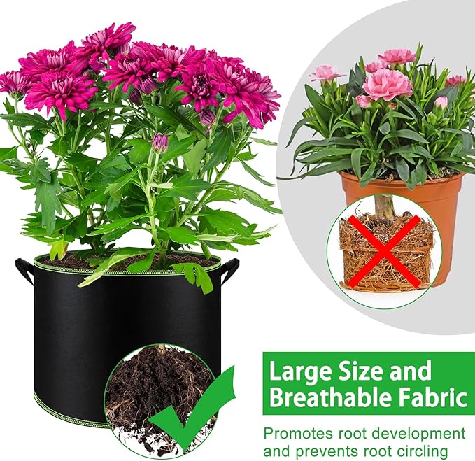 NACHLYNN 5-Pack 5 Gallon Grow Bags Heavy Duty Aeration Fabric Pots with Handles Thickened Nonwoven Fabric Pots Plant or Fruits Flowers Plant for Gardening