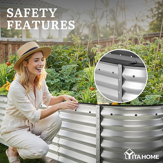YITAHOME 24" Tall 9 in 1 Large Raised Garden Bed Kit, 8x2x2ft Galvanized Metal Planter Box with Gloves and Safety Rubber, Outdoor Above Ground Planters for Plants Vegetables Flowers, Silver