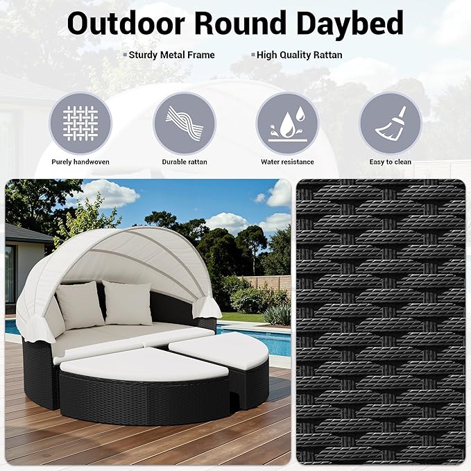 Patio Furniture Round Outdoor Daybed with Retractable Canopy Wicker Rattan Sectional Sofa for Lawn Garden Backyard Pool (Beige)