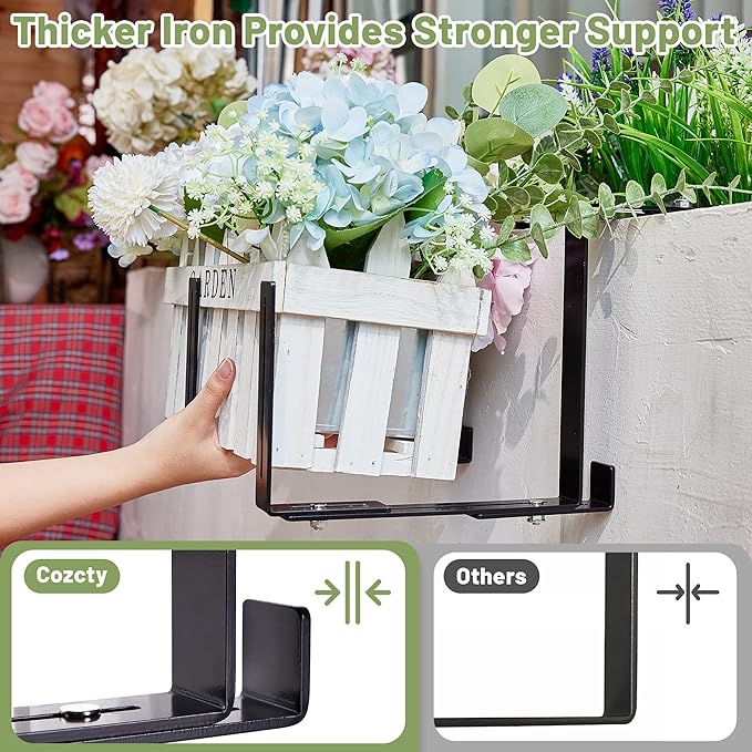 4 Pack Window Box Brackets, No Drill Adjustable Planter Box Brackets, Heavy Duty Deck Railing Planter Holders, Black Metal Flower Pot Hangers for Outdoor Gardens Balconies