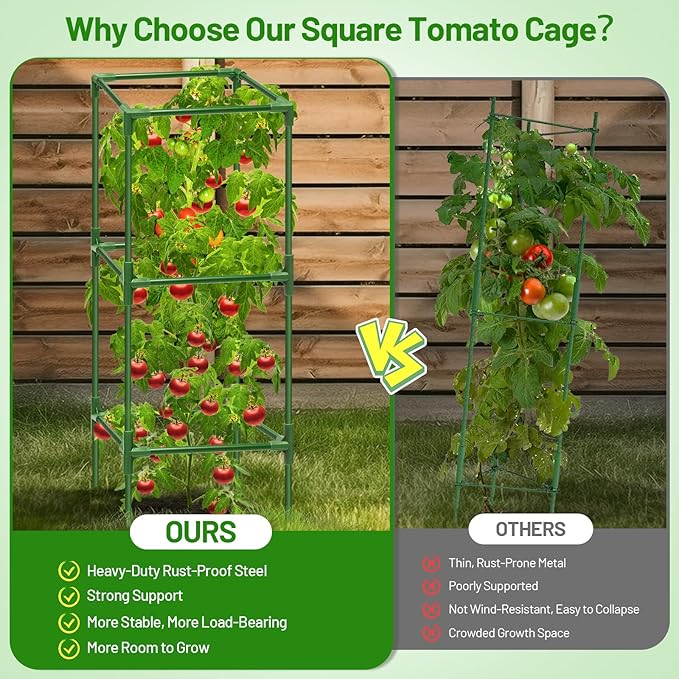 Legigo 6 Pack Square Tomato Cages for Garden- Up to 45 Inch Tomato Trellis Plant Cages Support, Tomato Stakes and Supports Cage for Climbing Vegetables Raised Garden Bed Cucumbers Peppers Flowers