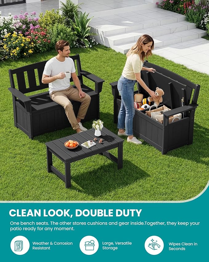 SERWALL HDPE Outdoor Storage Bench, All-Weather, UV-Resistant Deck Box with Waterproof Storage Bags, 57 Gallon Dual-Use Seat & Organizer Deck Boxes for Patio, Garden Tools & Pool (Matte Black)