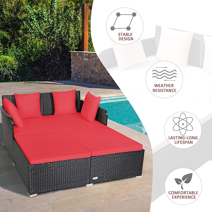 Tangkula Outdoor Rattan Daybed, Sunbed Wicker Furniture w/Spacious Seat, Upholstered Cushion & High-Resilience Sponge, Wicker Patio Sofa Set w/Extra Pillows for Courtyard Poolside(Red)