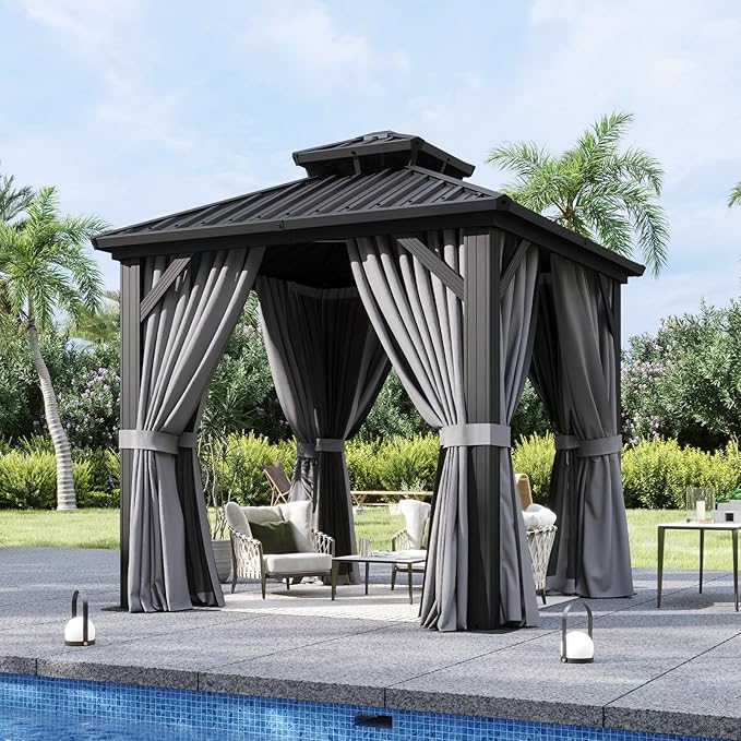 Aoxun 8'x8' Hardtop Gazebo, Aluminum Frame Canopy with Double Galvanized Steel Roof, Outdoor Metal Pavilion with Netting, Curtains for Backyard, Patio and Deck