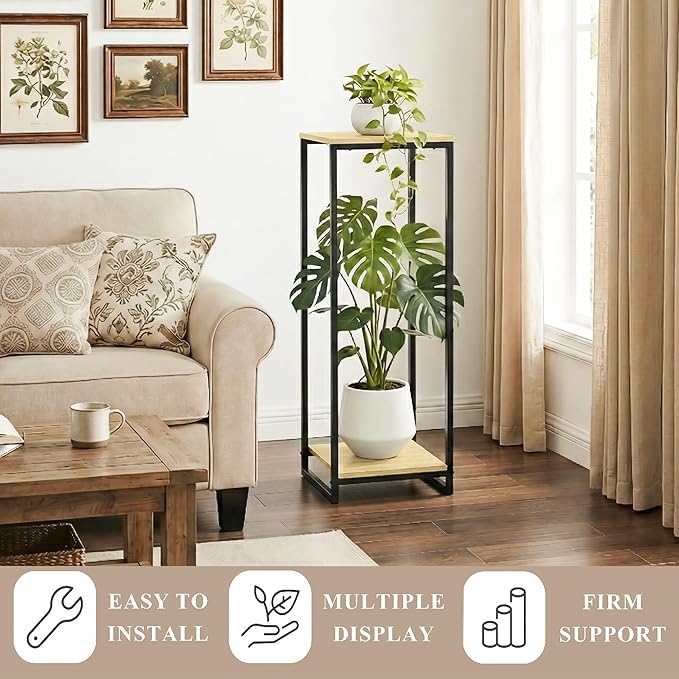 34" Tall Plant Stand Indoor, 2-Tier Modern Plant Shelf, Corner Flower Pot Holder Organizer for Living Room Balcony Patio Garden (Light Oak)