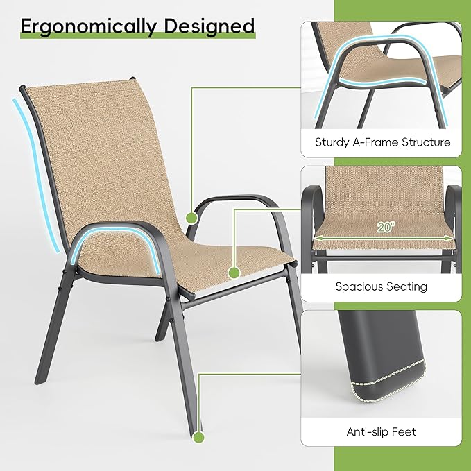 Patio Chairs Set of 4, Outdoor Dining Chairs Stackable for All Weather, Breathable Metal Modern Outside Furniture Chair for Pool Side, Garden, Backyard Deck, Brown