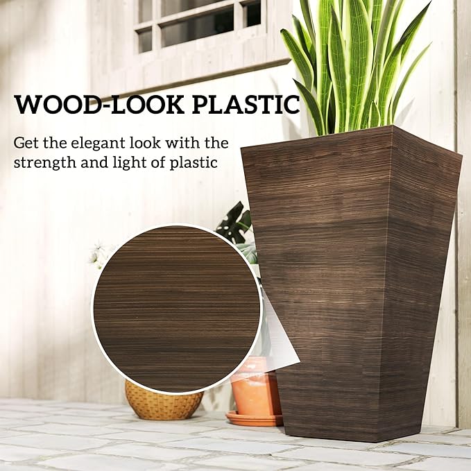 Outsunny Tall Planter for Outdoor Plants Set of 3, 28 Inch Taper Planter with Drainage Holes, Wood Grain Decor Garden Pot for Indoor Outdoor Porch Patio Backyard, Brown