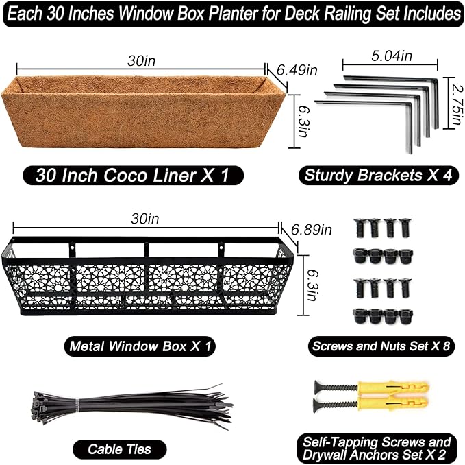 Halatool 4Pack 30 Inch Window Box with Coco Liner Sturdy Metal Railing Planter with Coconut Coir Basket Liners for Window Deck Fence Porch and Patio Outdoor Indoor Lawn