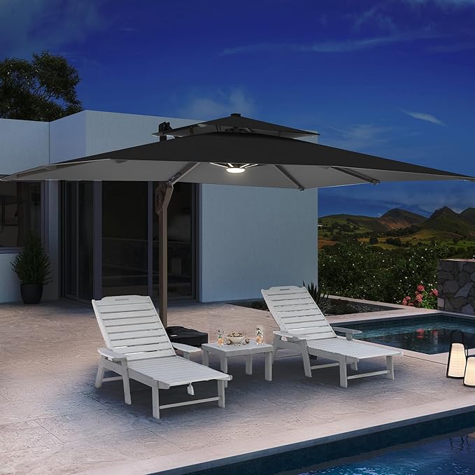 10 X 13 FT Cantilever Patio Umbrella with Led Lights and Base Included Outdoor Heavy Duty Double Top Rectangle Offset Umbrellas with 360-degree Rotation for Pool Deck Backyard, Grey