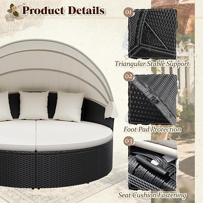 Devoko Patio Furniture Outdoor Round Daybed with Retractable Canopy Wicker Rattan Separated Seating Sectional Sofa for Patio Lawn Garden Backyard Porch
