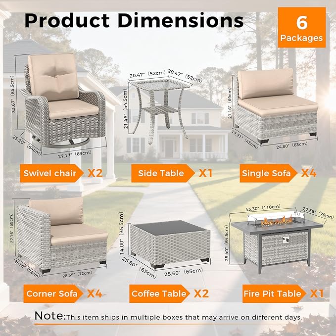 10-Seat Outdoor Wicker Patio Furniture Set with Fire Pit Table, Modular Rattan Sectional Sofa & 2 Swivel Rocking Chairs, 4" Thick Cushions, Rust-Resistant Frame,Beige