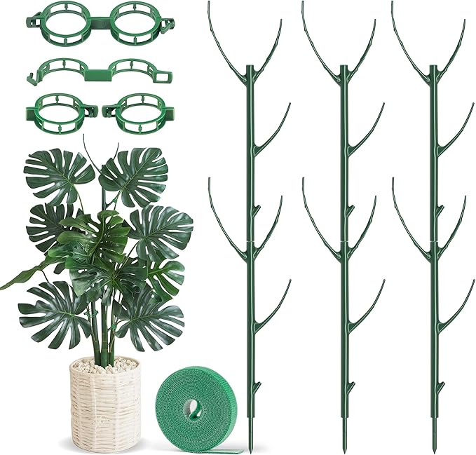 Plant Support Stakes, 6 Pcs Stackable Plant Support Poles with 20 Clips, 1 Roll Tie for Indoor Outdoor Monstera Climbing Plants, Green