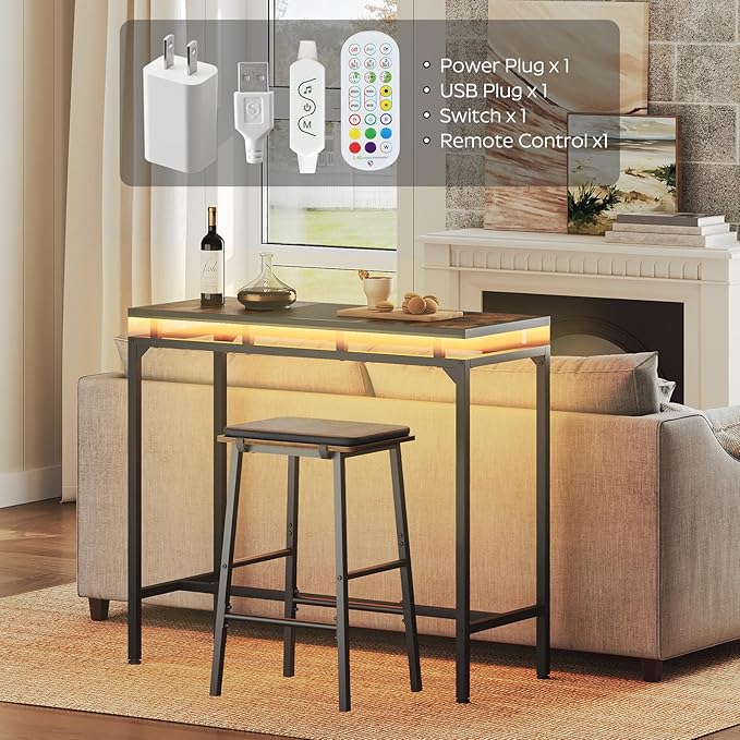 Bar Table with LED Lights, Counter Height Table, Bar Height Pub Table, Metal Frame, for Living Room, Dining Room, Pub, Black BT01DBK