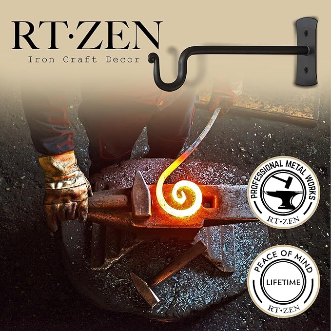 RTZEN Plant Hangers Indoor or Outdoor - Wrought Iron Metal Hanger Indoor Hook - Heavy Duty Wall Bracket Hooks for Hanging Plants Baskets Lanterns Wind Chimes - 2 Pack (Black Shepherds Hooks 7.5")