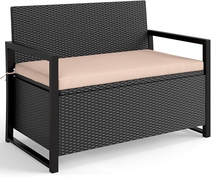 Tangkula 40 Gallon Outdoor Bench with Storage, Patio Wicker Storage Bench with Cushion, Cover, Metal Frame, Deck Box Seat for Backyard, Poolside, Balcony, Garden