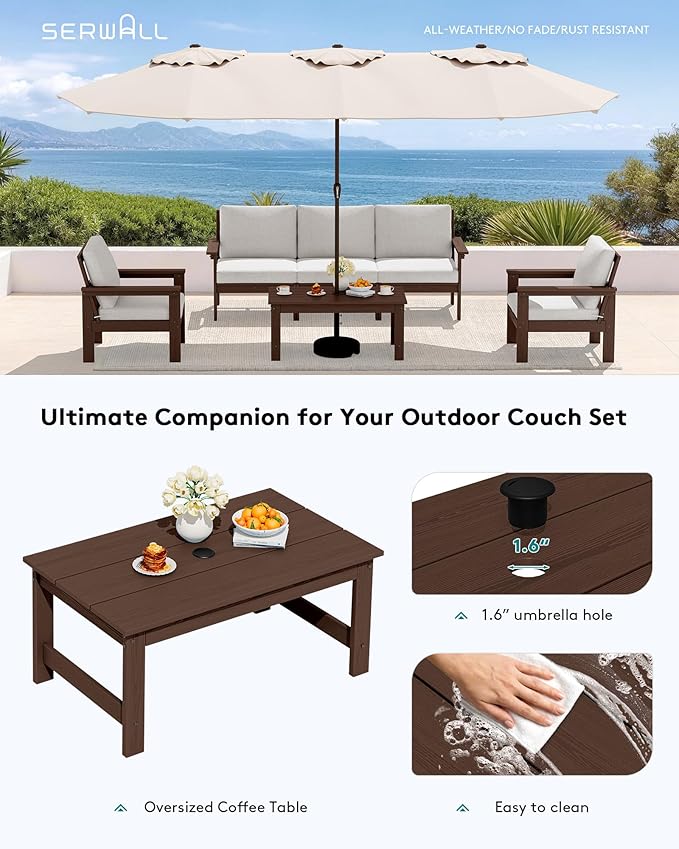 SERWALL HDPE Patio Coffee Table, Rectangle Outdoor Coffee Table, All-Weather Coffee Side Table for Balcony, Poolside, Deck, Garden, Coffee Brown