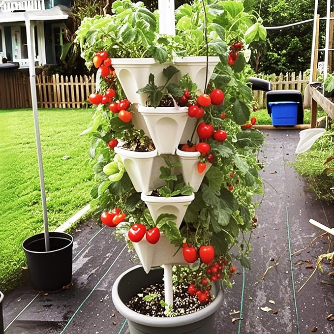 Strawberry Planters, 7 Tiered Vertical Stackable Planter, Herb Stacking Tower Garden, Flower and Vegetable Planters with Support Pole Indoor & Outdoor with Removable Wheels - Dark Grey
