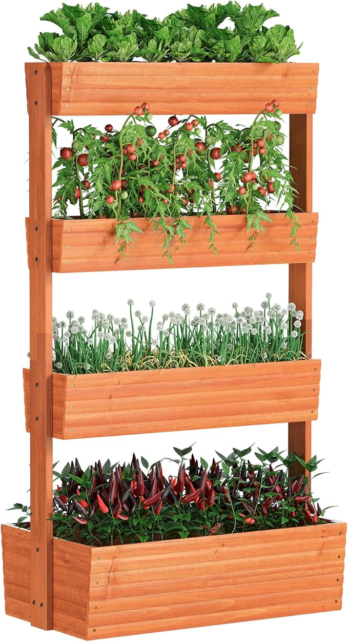 FILWH Wooden Raised Garden Bed Vertical Planter Box, Freestanding Plant Stand for Indoor Outdoor Plants, Herbs, Flowers, Vegetables, Gardening (Reddish Brown, 4-Tier，29.9 x 17.9 x 55in)