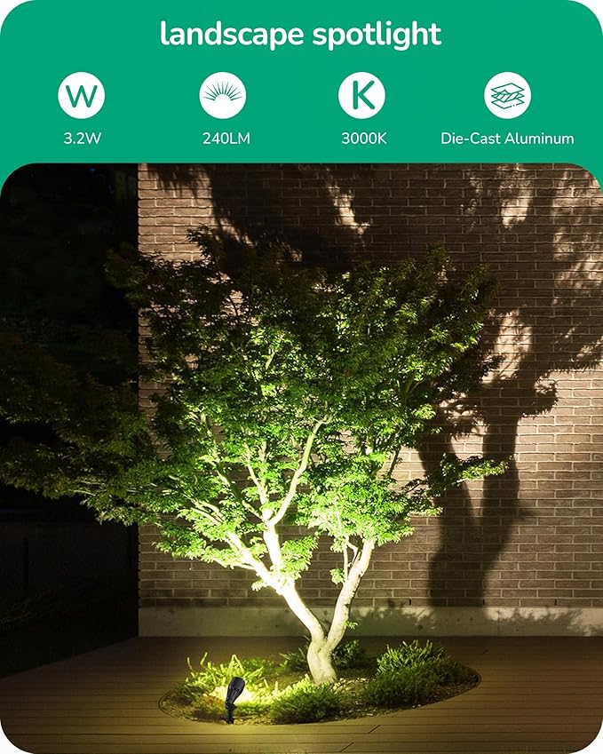 EDISHINE Low Voltage Landscape Lights, 3.2W 12V ACDC 240LM Low Voltage Spotlight, CRI 80 & Beam Angle 35°, 3000K, Aluminum Housing Outdoor Landscape Lighting for Trees, Yard, Garden, Houese 8 Pack