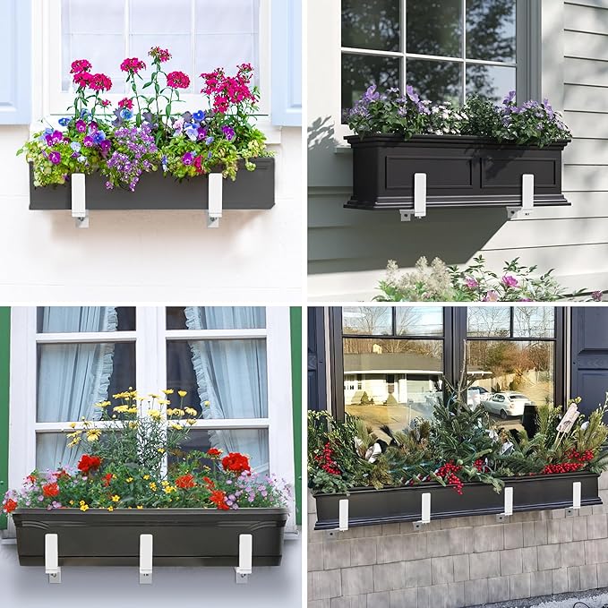 Y&M 6 Pack Adjustable Planter Brackets (6 to 12.5 in), Universal Window Box Brackets, Heavy Duty Iron Flower Box Wall Mounting Hooks for Balcony, Fences, Patio, and Garden - White