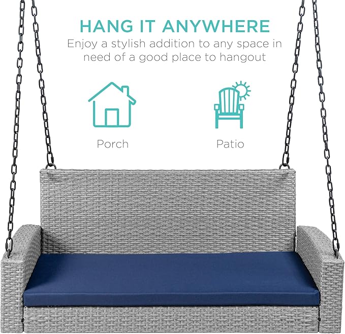 Best Choice Products Woven Wicker Outdoor Porch Swing, Hanging Patio Bench for Deck, Garden w/Mounting Chains, Seat Cushion - Gray/Navy