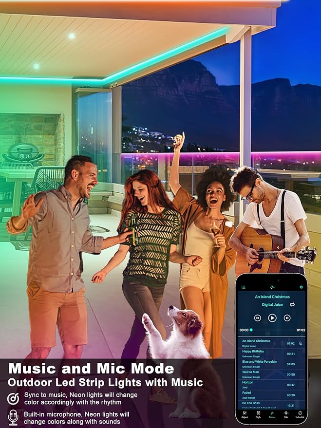 Outdoor Led Strip Lights Waterproof 50ft (1 Roll), Ip65 Outside Led Light Strip Waterproof with Remote and App Control, Exterior Led Rope Lights Music Syne RGB Strip Lights for Bedroom Decor