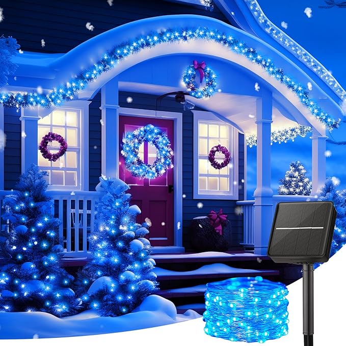 Minetom Solar String Lights for Outside, 33Ft 100 LED Outdoor Solar Fairy Lights, 8 Modes Balcony Lights for Tree Patio Christmas Party Wedding Decor (Blue)