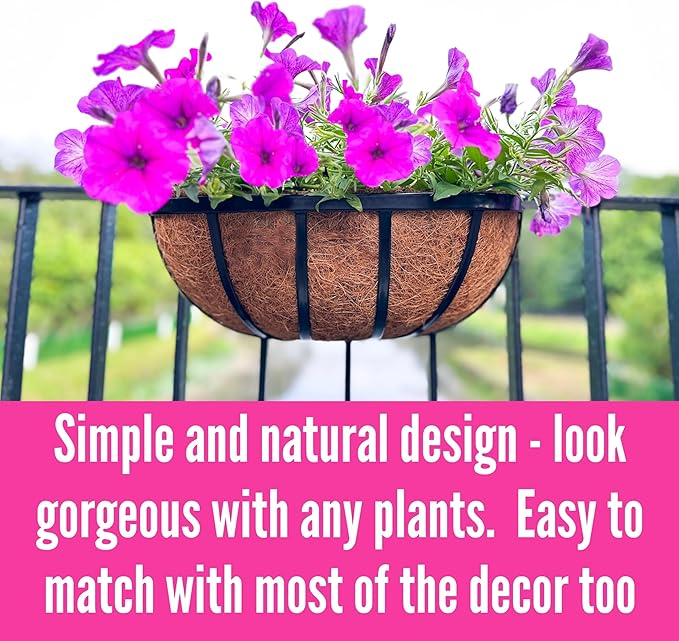 LaLaGreen Deck Railing Planter Boxes (16 Inch, 4 Pack) Black Metal Rectangular Hanging Planters with Coco Liner, Adjustable Flower Planter Box Brackets for Plants Fence Balcony Patio Porch Over Rail