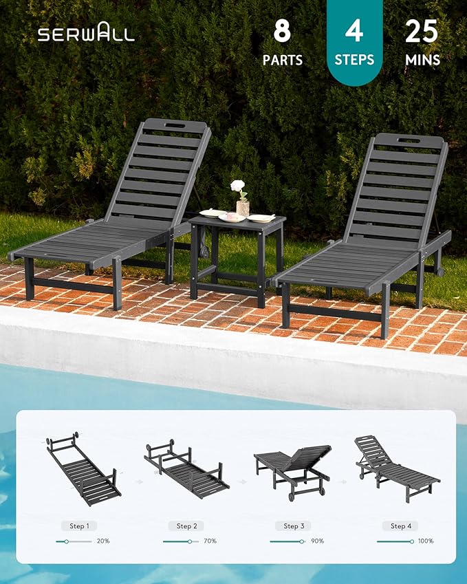 SERWALL Outdoor Chaise Lounge Set of 8, HDPE Pool Lounge Chairs with 5-Position Adjustable Backrest, Patio Loungers with Rolling Wheels & Cup Holder for Pool Sunbathing, Grey