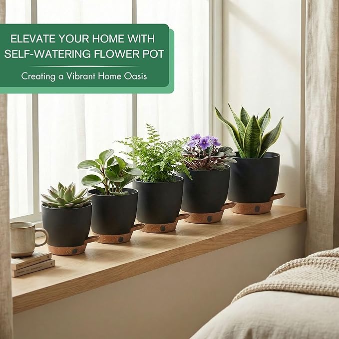 montresor 5-Pack Self-Watering Plastic Plant Pots 5/5.5/6/6.5/7 Inch– Black Indoor Flower Pots with Wick & Water Tray for Herbs, Succulents, Seedlings, Small Plants
