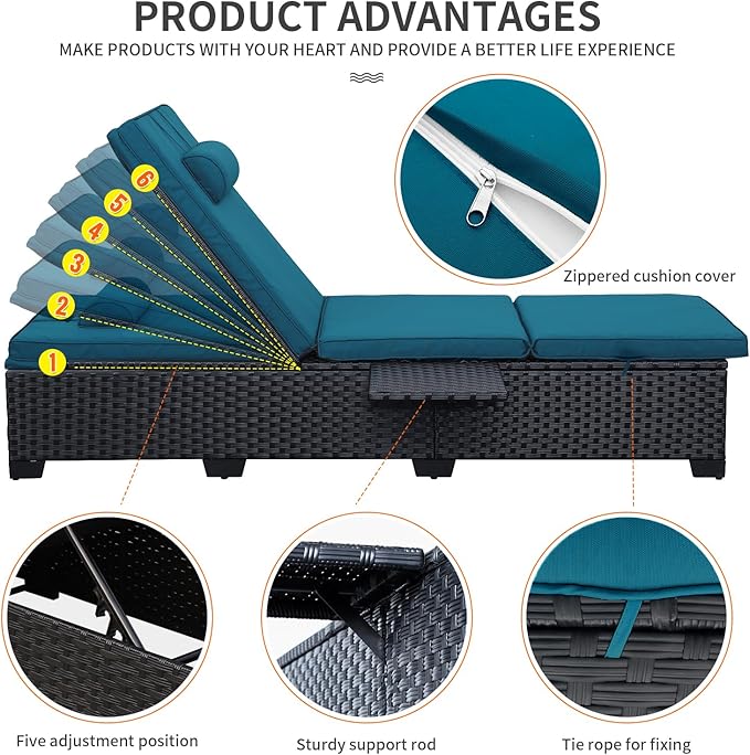 WAROOM Outdoor Chaise Lounge Chairs for Outside Patio Furniture Set of 2 Wicker Recliner Black Rattan Sunbathing Lounger Adjustable Backrest Pool Reclining Chair, Peacock Blue Cushion