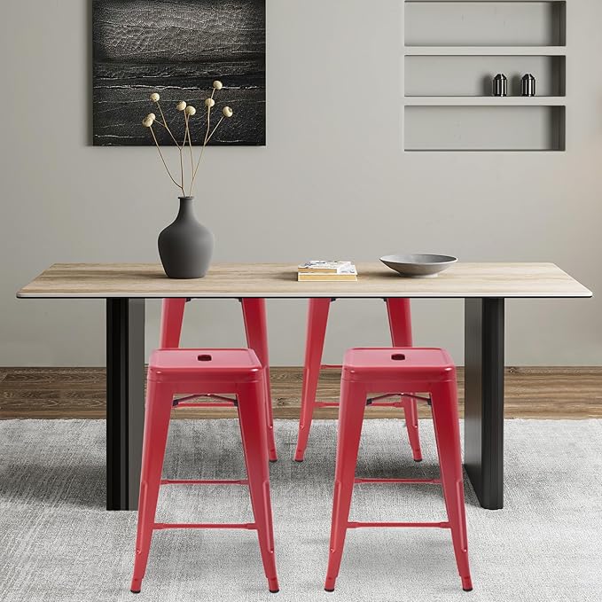 FDW Metal Bar Stools Set of 4 Counter Height Bar Stools 24 Inches Industrial Bar Chairs Patio Stool Stackable Backless Stool Indoor Outdoor Metal Kitchen Stools Bar Chairs (Red, 24")