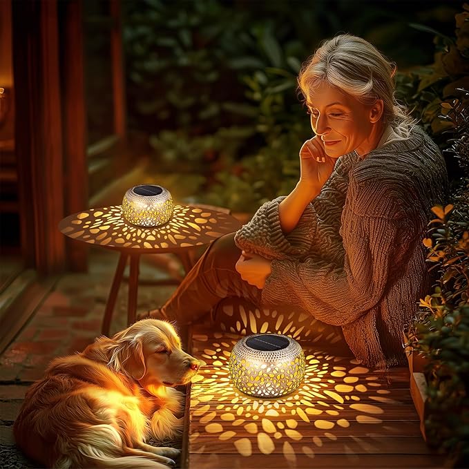 Solar Lanterns Outdoor Waterproof: 2 Pack White Gold Hollow Out Metal Solar Lights - 2 Lighting Colors Outside Patio Garden Yard Porch Tabletop Decorations - Unique Gifts for Women Mom Wife