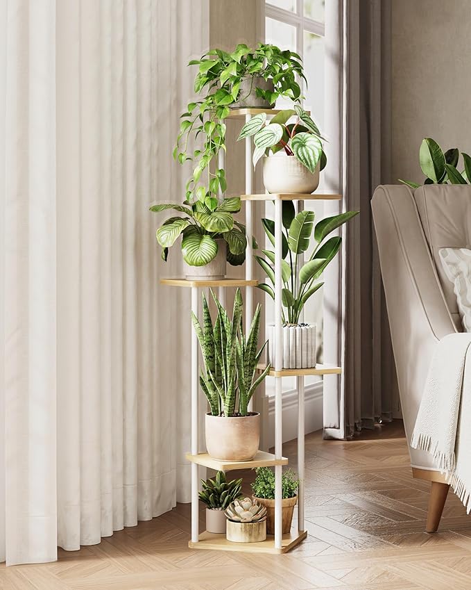 Tall Plant Stand Indoor 6 Tiered Plant Shelf for Multiple Plants Coner Shelf Stand Wood Plant Stand Metal Shelving for Living Room Bedroom Balcony Patio White